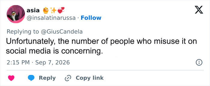 Asia's tweet highlighting concern over misuse of social media, relevant to Laura Pausini's Instagram photo.