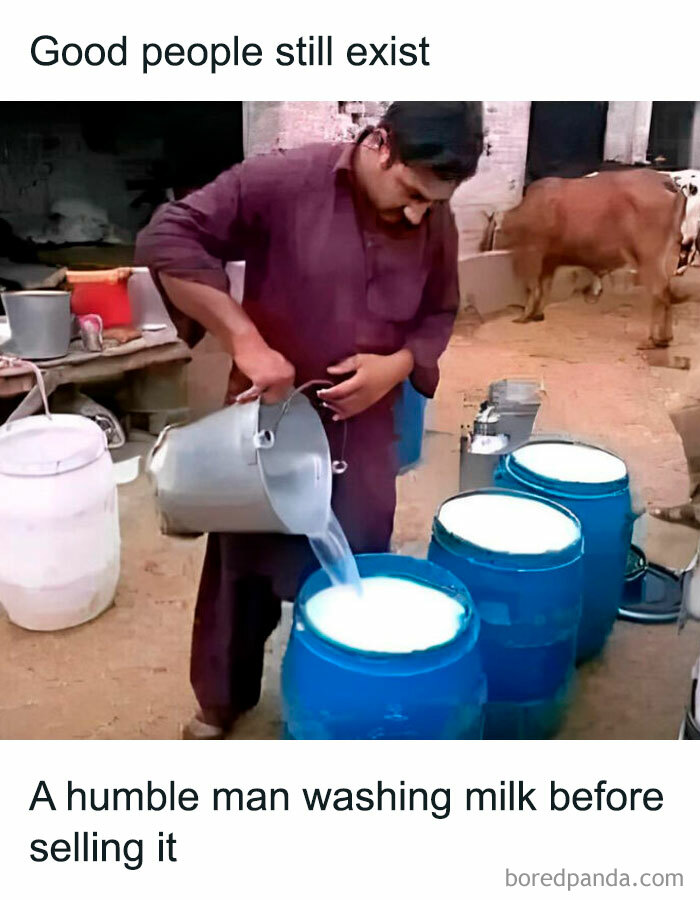 A man pouring liquid into a blue barrel, with a caption about washing milk, an example of online lies.