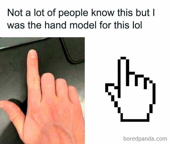 A hand next to a computer mouse cursor, humorously claiming to be the hand model for this online lie.