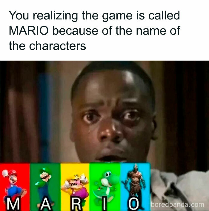Humorous picture of a man realizing Mario character names spell out MARIO, pointing out dumb online lies.
