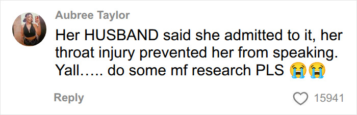 A social media comment from Aubree Taylor about the Lindsay Clancy trial: Her HUSBAND said she admitted to it, her throat injury prevented her from speaking. Yall..... do some mf research PLS crying emojis. A social media comment from Aubree Taylor about the Lindsay Clancy trial: Her HUSBAND said she admitted to it, her throat injury prevented her from speaking. Yall..... do some mf research PLS crying emojis.