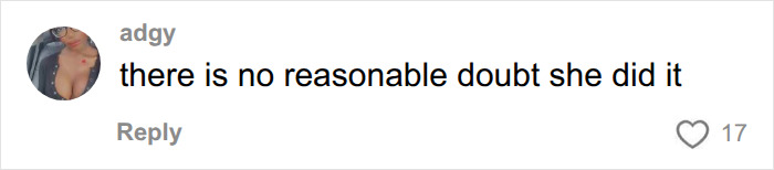 A social media comment from adgy stating: there is no reasonable doubt she did it, concerning the Lindsay Clancy trial. A social media comment from adgy stating: there is no reasonable doubt she did it, concerning the Lindsay Clancy trial.