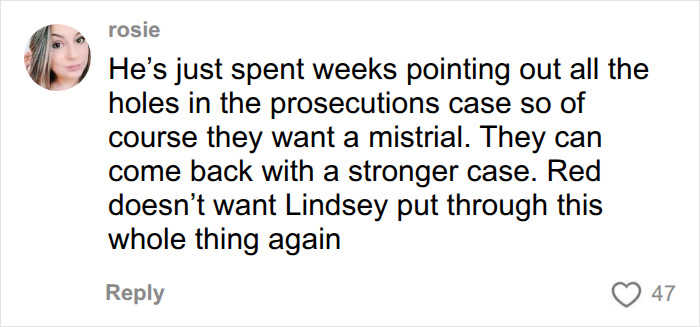 A comment about the Lindsay Clancy trial suggesting the prosecution wants a mistrial to build a stronger case. A comment about the Lindsay Clancy trial suggesting the prosecution wants a mistrial to build a stronger case.