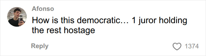 A comment from Afonso questioning the democracy of one juror holding the verdict hostage in the Lindsay Clancy trial. A comment from Afonso questioning the democracy of one juror holding the verdict hostage in the Lindsay Clancy trial.