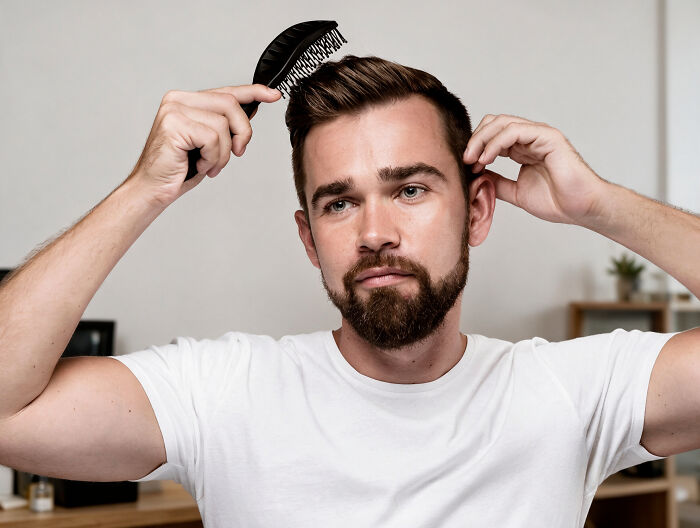 Man combing and styling hair in front of mirror
