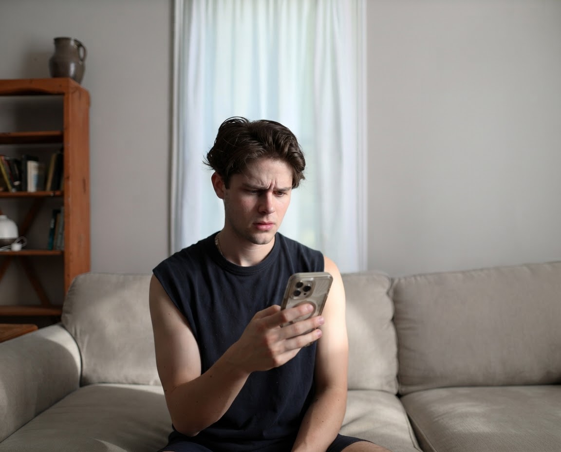 A man looking confused while holding a phone, reacting to a woman getting tattoos and her boyfriend leaving. A man looking confused while holding a phone, reacting to a woman getting tattoos and her boyfriend leaving.