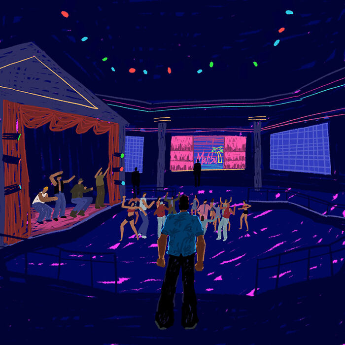 Nostalgic painting of a vibrant club scene with dancers, recalling the golden era of GTA nightlife.