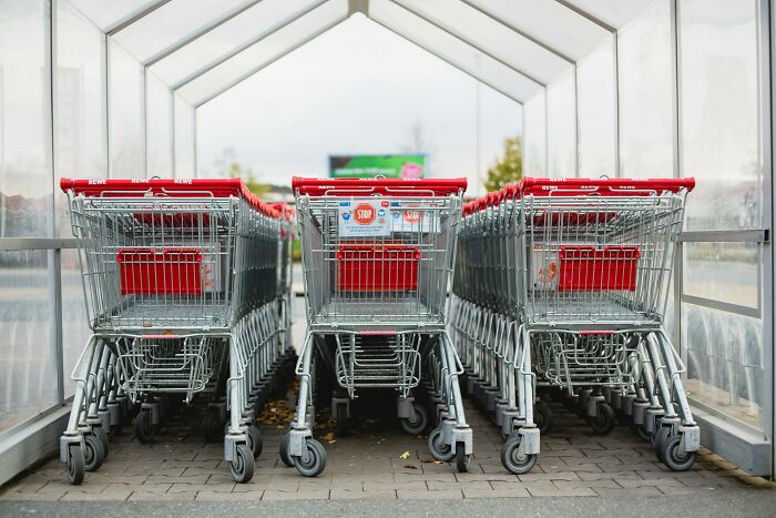 Row of red shopping carts outside a store, representing everyday things people judge.