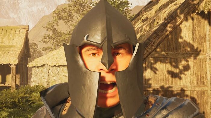 A man in a medieval helmet, an imagined scenario for future problems society could be facing.