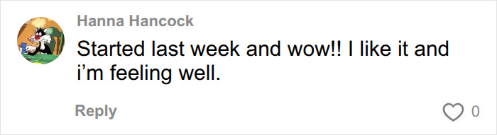 A comment from Hanna Hancock expressing positive feelings after starting a new diet, feeling well.