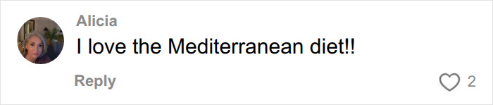 A social media user expressing love for the Mediterranean diet after a diet study.