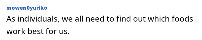 A social media comment stating that individuals need to find out which foods work best for them regarding a Mediterranean diet study.