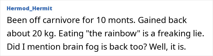 Screenshot of a comment discussing weight gain after being off carnivore, related to a Mediterranean Diet study.