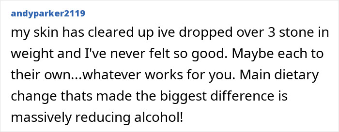 Screenshot of a comment discussing weight loss and reduced alcohol intake for a Mediterranean Diet study.