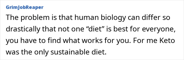 A comment discussing that human biology differs and no single diet is best for everyone, including the Mediterranean diet.