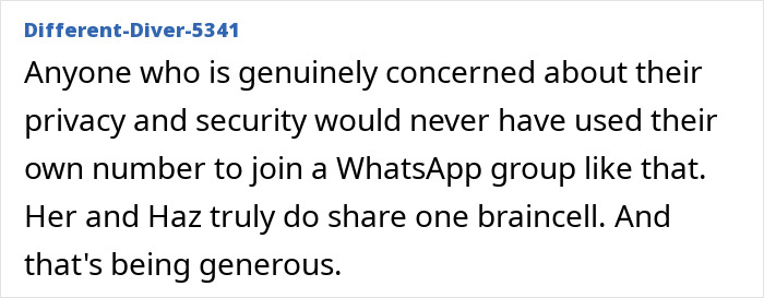 A Reddit comment by u/Different-Diver-5341 criticizing privacy choices after Meghan Markle's phone number was leaked. A Reddit comment by u/Different-Diver-5341 criticizing privacy choices after Meghan Markle's phone number was leaked.