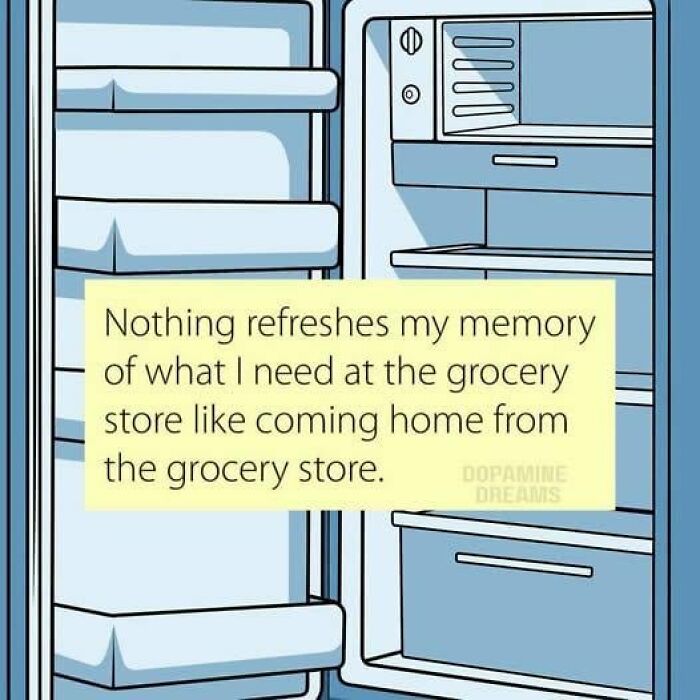 Funny ADHD memes illustration of an empty fridge with a quote about forgetting grocery lists