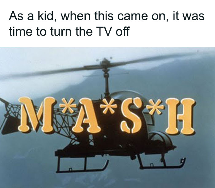 Aussie memories of the M*A*S*H helicopter and title, signaling bedtime for kids.
