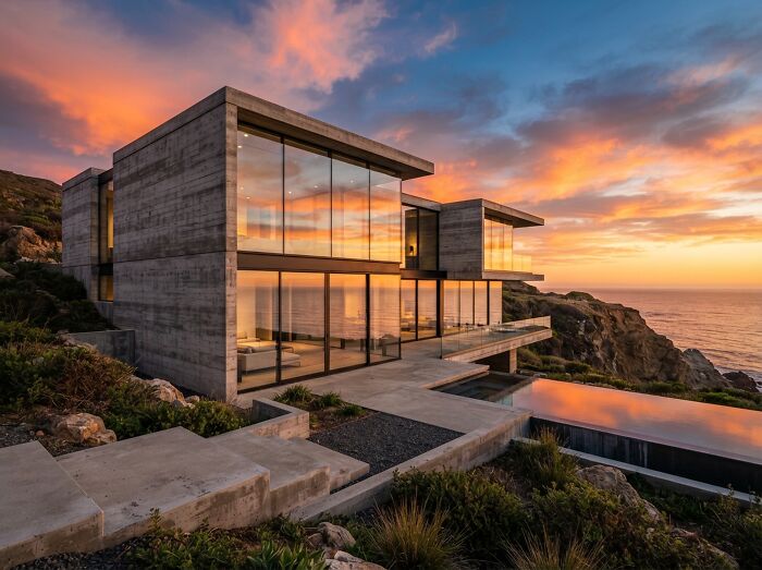A modern mansion overlooking the ocean at sunset, showcasing surprising things wealthy people buy.