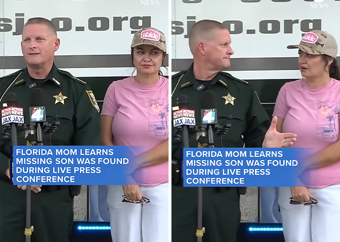 Mom learns missing son was found during a live press conference, her reaction raising eyebrows.