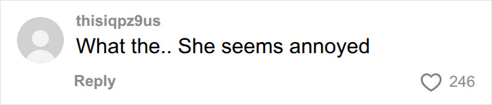 Screenshot of a comment from a user saying, What the.. She seems annoyed, about the mom's reaction.