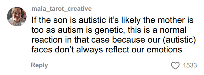 A comment suggesting autism may explain the mother's reaction to her missing son being found.