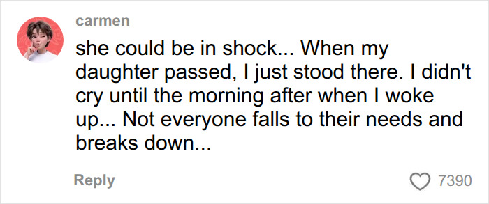 A social media comment from carmen discussing a mom's reaction to her missing son being found, suggesting it might be shock and delayed grief.