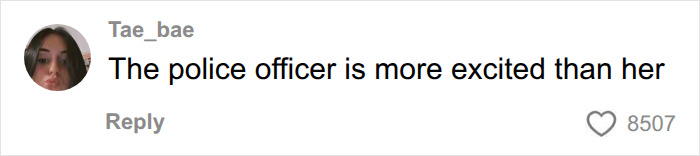 A social media comment from Tae_bae noting a police officer's excitement after a missing son was found, contrasting with mom's reaction.