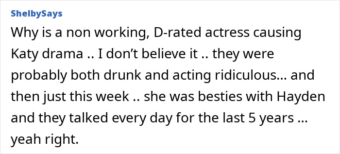 A comment from ShelbySays questioning Katy Perry drama and a non-working actress A comment from ShelbySays questioning Katy Perry drama and a non-working actress