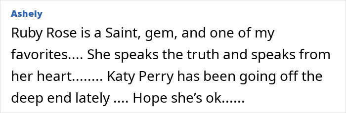 A supportive comment by Ashley defending Ruby Rose and criticizing Katy Perry A supportive comment by Ashley defending Ruby Rose and criticizing Katy Perry