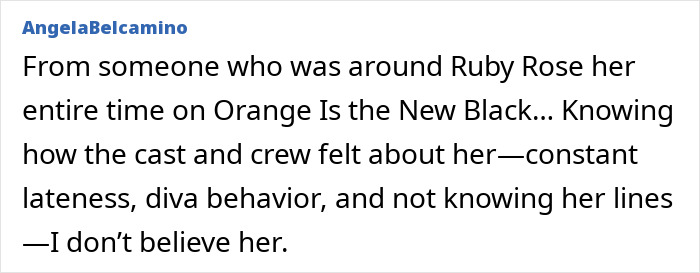 A social media post questioning Ruby Rose and her behavior on Orange Is the New Black. A social media post questioning Ruby Rose and her behavior on Orange Is the New Black.