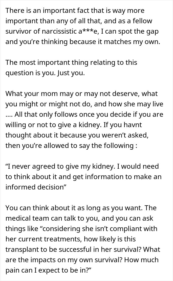 Screenshot of a comment emphasizing personal choice and informed decision-making regarding kidney donation for a toxic mom.