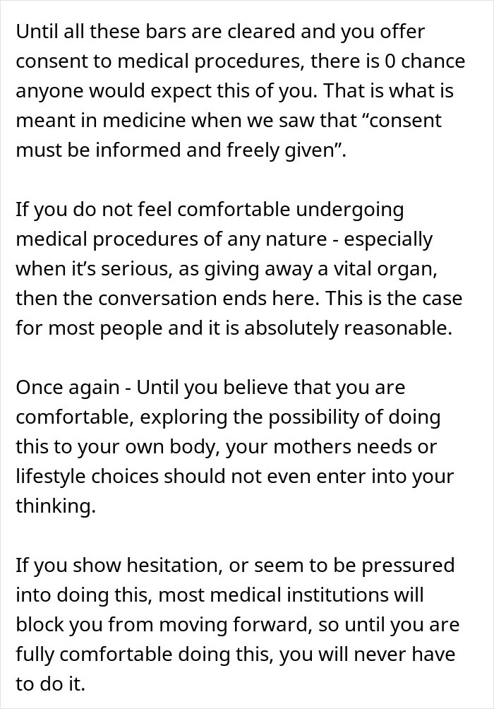 Screenshot of a comment explaining medical consent for procedures like a kidney transplant, crucial when dealing with a toxic mom.