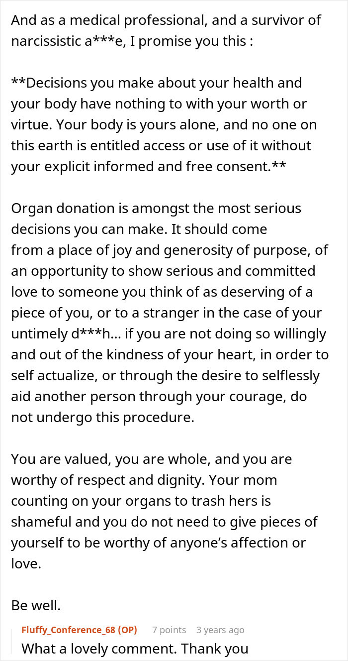 Screenshot of a medical professional's advice on organ donation and self-worth, for someone with a toxic mom expecting a kidney.