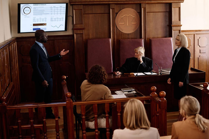 A man presenting in a courtroom, with a judge and legal team present. This relates to a prison break. A man presenting in a courtroom, with a judge and legal team present. This relates to a prison break.