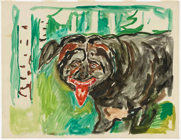 Strange famous painting of a menacing dog with a wide, red tongue, against a background of green trees.