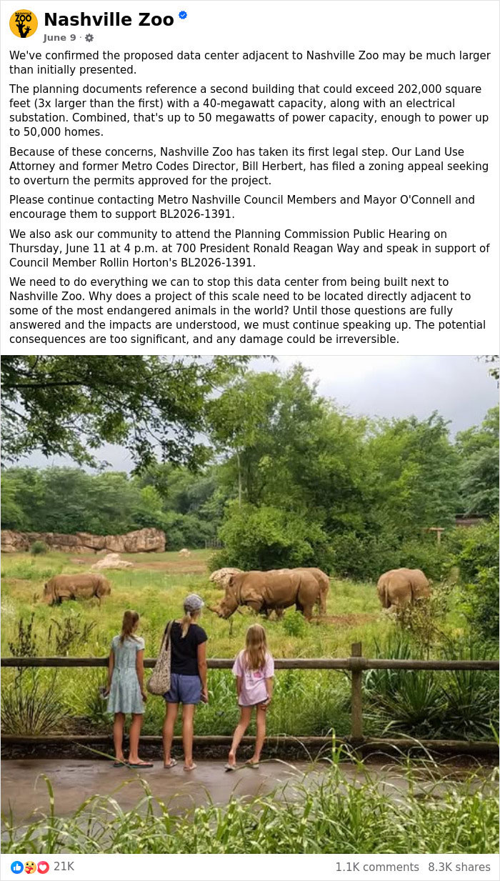 Nashville Zoo: Children observing rhinos at Nashville Zoo, emphasizing concern for endangered animals and controversial AI infrastructure.