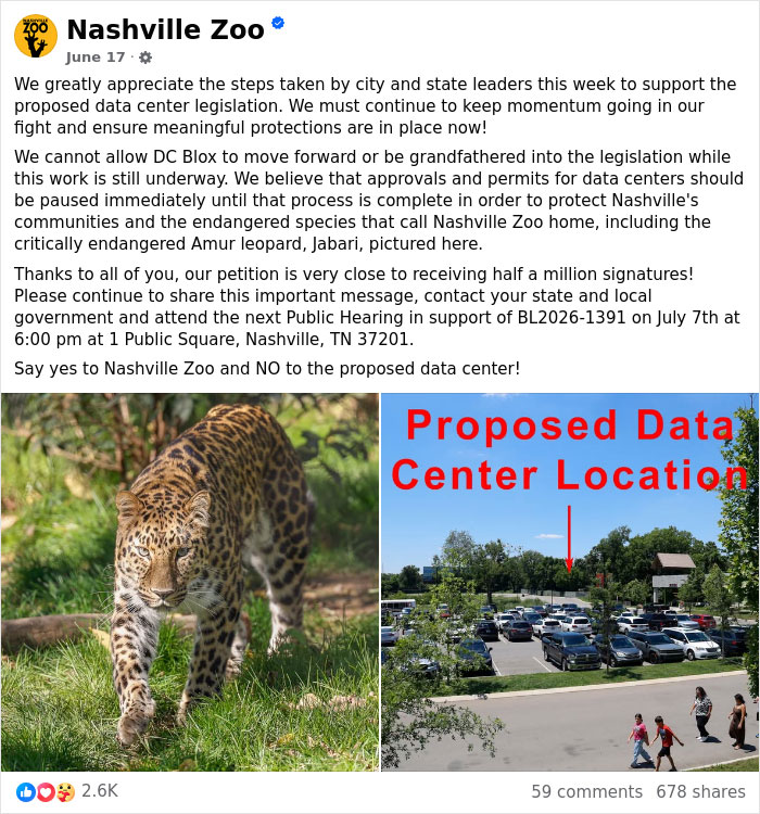 Nashville Zoo: Jabari, an Amur leopard, with the proposed data center location, representing the Nashville Zoo's concern for endangered animals and AI infrastructure.