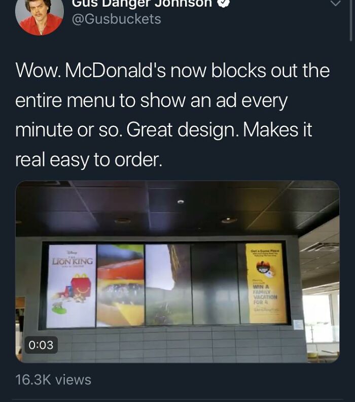 A Tweet criticizing McDonald's digital menu boards for replacing food choices with ads as a terrible product design.