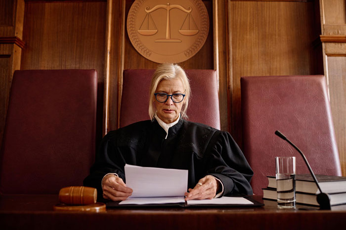 Woman in a black robe and glasses, a judge, sitting at a bench in a courtroom, reviewing legal documents regarding neighbors dogs. Woman in a black robe and glasses, a judge, sitting at a bench in a courtroom, reviewing legal documents regarding neighbors dogs.