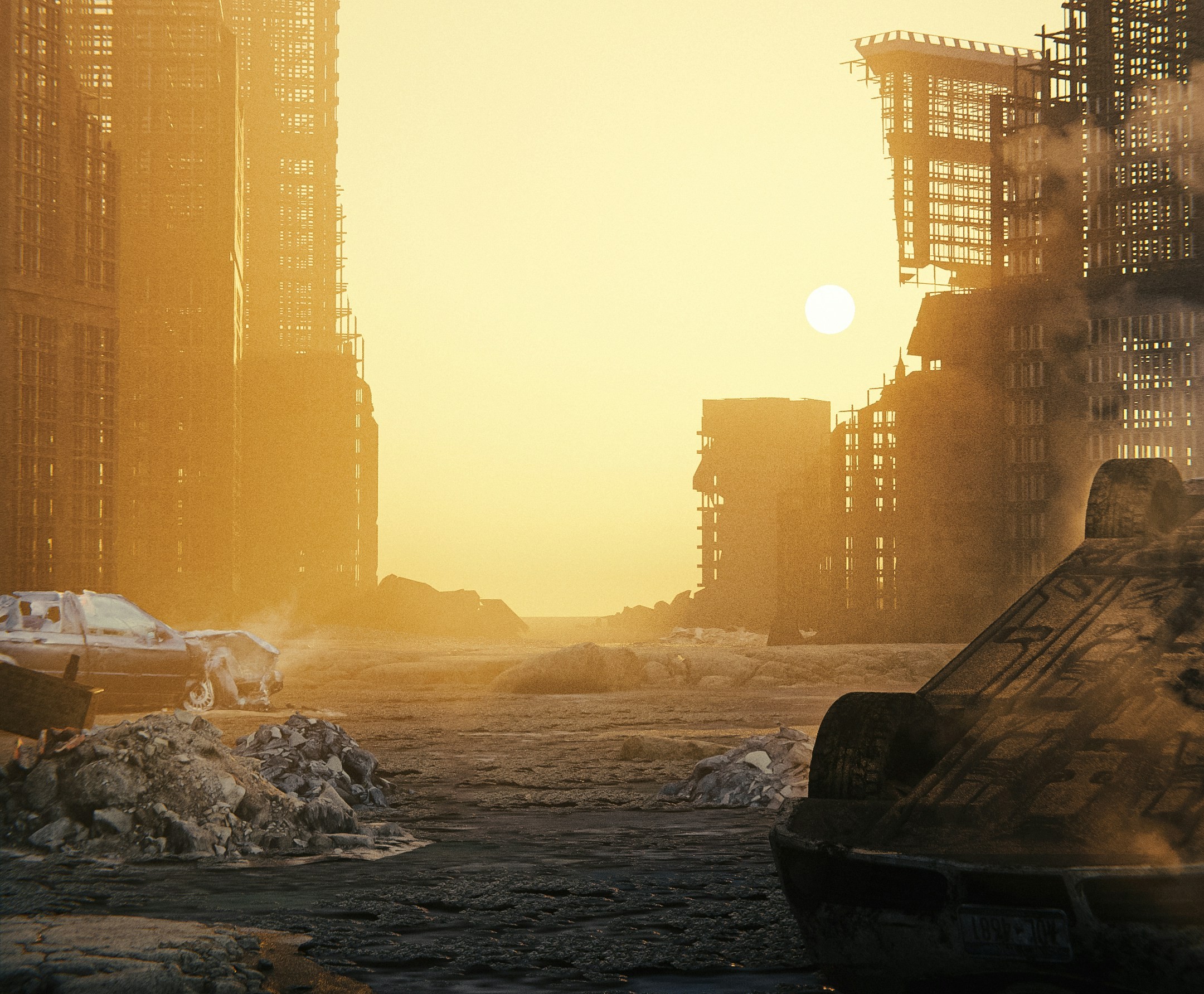 Abandoned city street with destroyed cars and buildings in apocalyptic scene