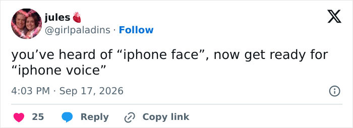 Screenshot of a tweet from Jules saying youve heard of iphone face, now get ready for iphone voice, highlighting scathing reviews.