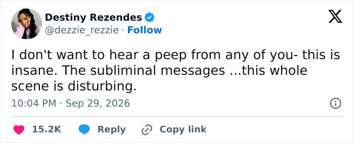 A tweet by Destiny Rezendes criticising the subliminal messaging in the Erika Kirk photo A tweet by Destiny Rezendes criticising the subliminal messaging in the Erika Kirk photo