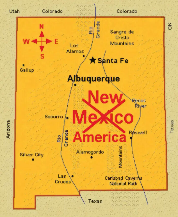A map of New Mexico with New Mexico crossed out and New America written below, responding to Trump's name change idea. A map of New Mexico with New Mexico crossed out and New America written below, responding to Trump's name change idea.