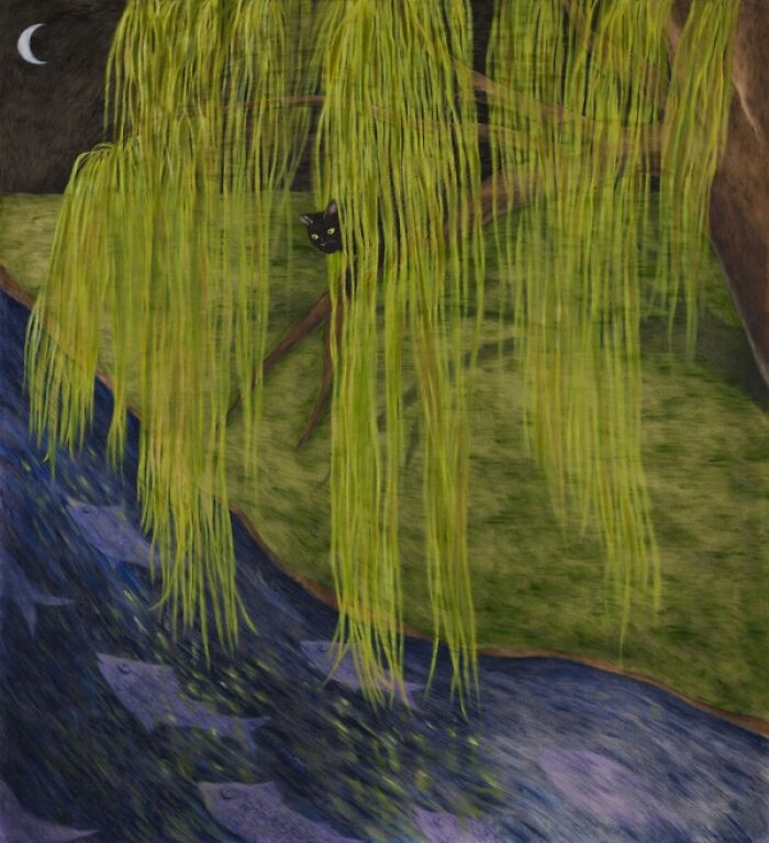 A black cat hides among the weeping willow branches over a stream with swimming fish in a surreal moment.