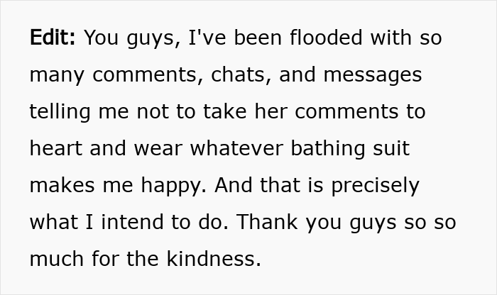Text snippet where the author thanks people for support after unsolicited bikini advice and body-shaming. Text snippet where the author thanks people for support after unsolicited bikini advice and body-shaming.