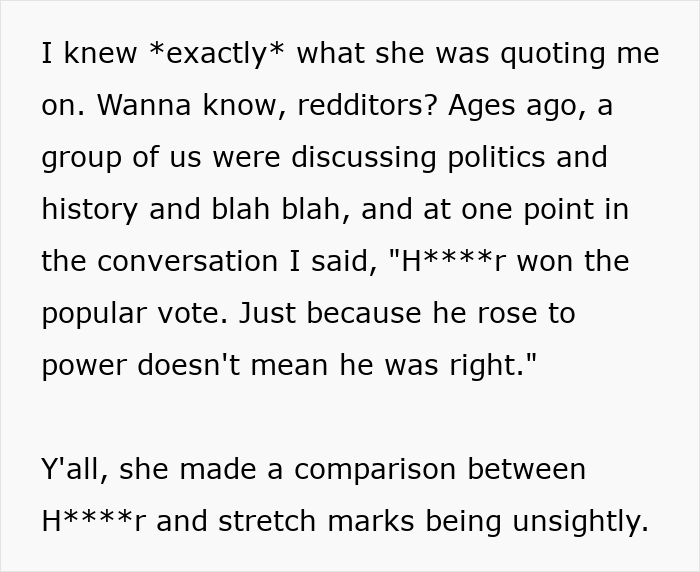 Screenshot of text detailing a friend's comparison linking body-shaming of stretch marks to a historical figure. Screenshot of text detailing a friend's comparison linking body-shaming of stretch marks to a historical figure.