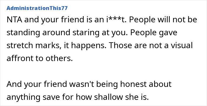 Screenshot of a Reddit comment supporting the woman against unsolicited bikini advice and body-shaming. Screenshot of a Reddit comment supporting the woman against unsolicited bikini advice and body-shaming.