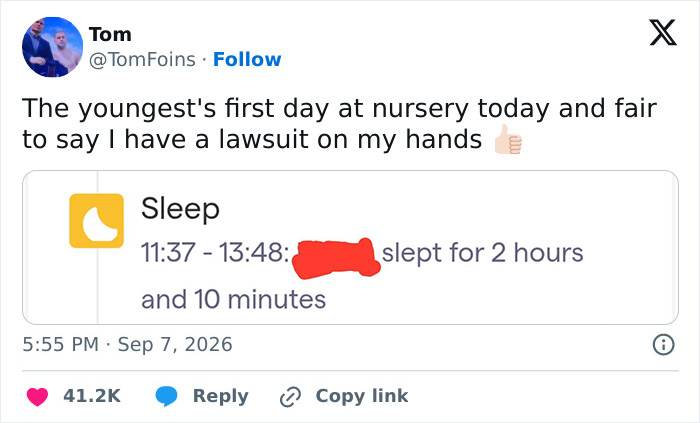A tweet from Tom Foin's about his child's first day at nursery, sparking a debate on parenting.