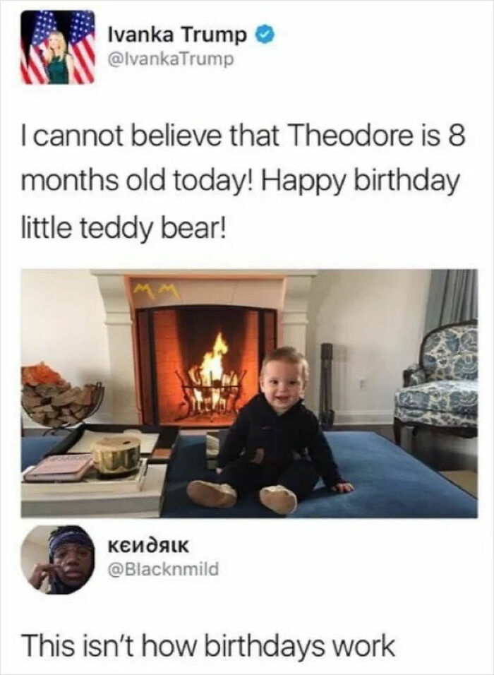A cringey birthday post for Ivanka Trump's baby, showing the baby by a fireplace.